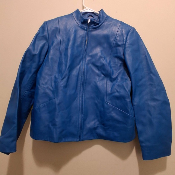Pendleton Jackets & Blazers - Pendleton Blue Leather Jacket‎ Mandarin Collar Zip Front Size Small READ